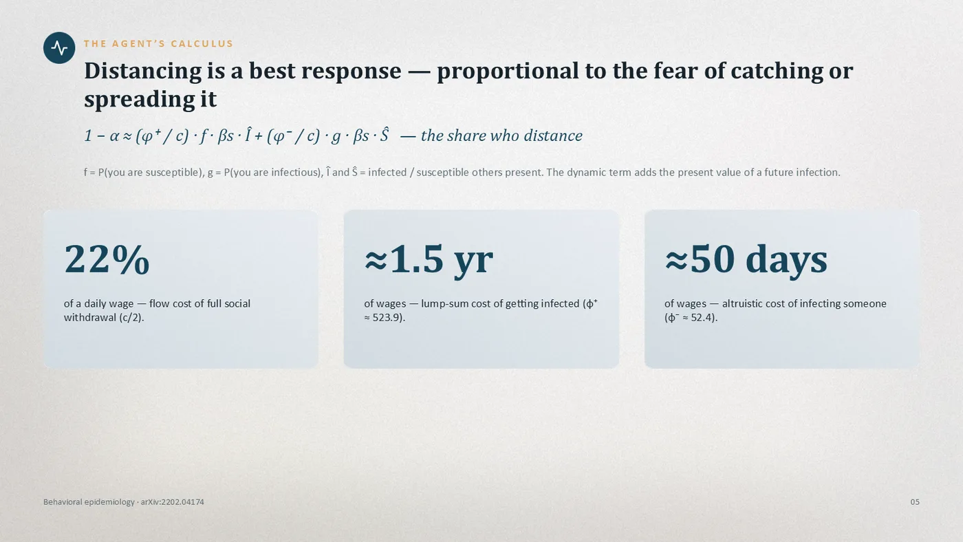 Behavioral epidemiology · arXiv:2202.04174 — the agent's calculus as three display-numeral stat cards: 22% / ≈1.5 yr / ≈50 days Real Dekked slide — Distancing is a best response — proportional to the fear of catching or spreading it